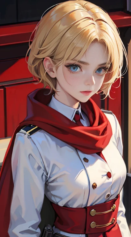 23-year-old women, short blonde hair with white strands, Blue eyes, red officers uniform, serious, Gun in hand, Red scarf on neck, line art, Masterpiece, hiquality