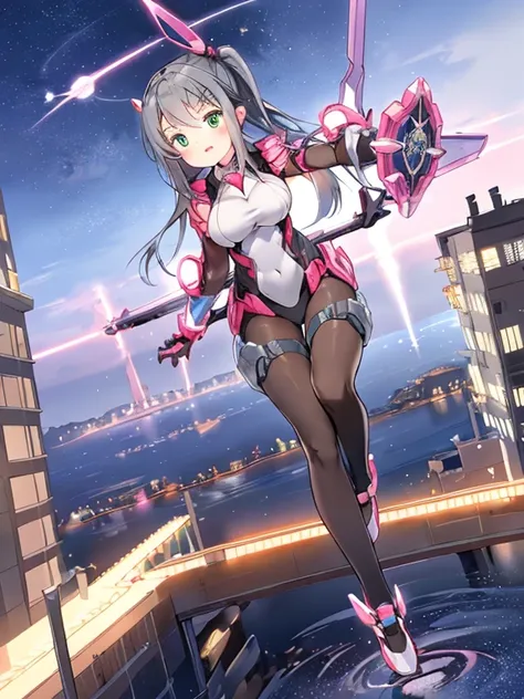 Extreme detail,masterpiece,futuristic city,girl with (energy shield):1.3,tight-fitting bodysuit,protecting herself from danger,using shield in battle,futuristic buildings,flying cars,shield growing brighter,repelling invader