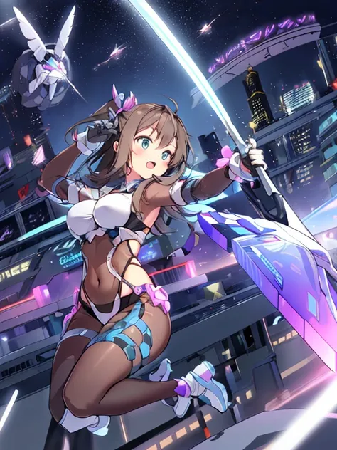 Extreme detail,masterpiece,futuristic city,girl with (energy shield):1.3,tight-fitting bodysuit,protecting herself from danger,using shield in battle,futuristic buildings,flying cars,shield growing brighter,repelling invader