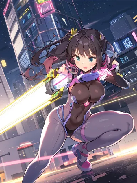 Extreme detail,masterpiece,futuristic city,girl with (energy shield):1.3,tight-fitting bodysuit,protecting herself from danger,using shield in battle,futuristic buildings,flying cars,shield growing brighter,repelling invader