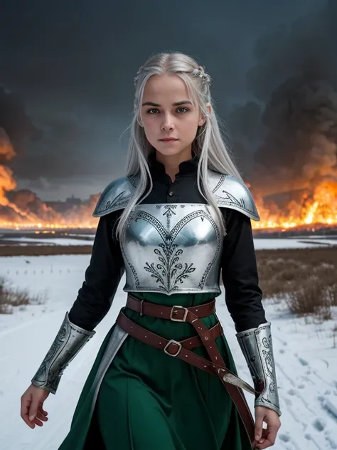 A young girl with silver hair, amber eyes and two scars on her face, a slender figure with beautiful curves, a small mouth with full lips, a high forehead, a thin nose, dressed in a green dress with silver patterns and a red belt, runs across a snowy field...