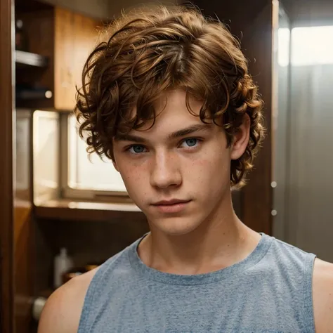 Teenager guy, hard cold blue eyes, has freckles, has really tight curly hair, fluffy and unruly autumn orange brown hair with light brown highlights that shimmer gold, he has short hair on the sides of his head, he has short hair around his head, fluffy cu...