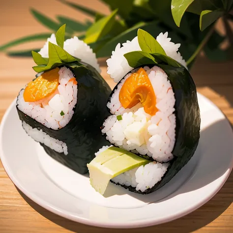 best quality,masterpiece,highly detailed,ultra-detailed,onigiri,food focus,food,still life,vegetable,blurry,rice,white plate,sus...