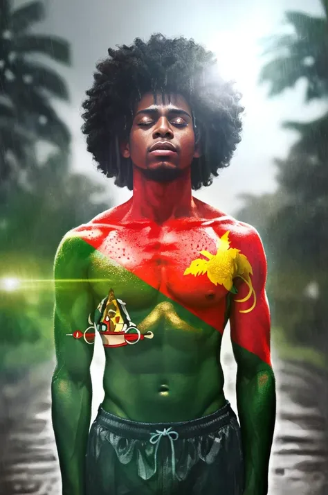 arafed man with a painted body and a flag on his chest, fanart, official artwork, illustrative, rastafarian, artistic illustration, afro futurism, afro, digitally painted, album, red afro, afro futuristic, photo manipulation, album art, avatar image, color...