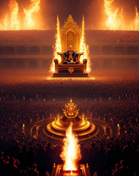 A captivating, dynamic shot of the Almighty sitting on a massive throne made of solid gold, his face covered by smoke and fire as He sits about 200 feet in height as his massiveness towering over the large crowd of people worshiping before him in this mass...