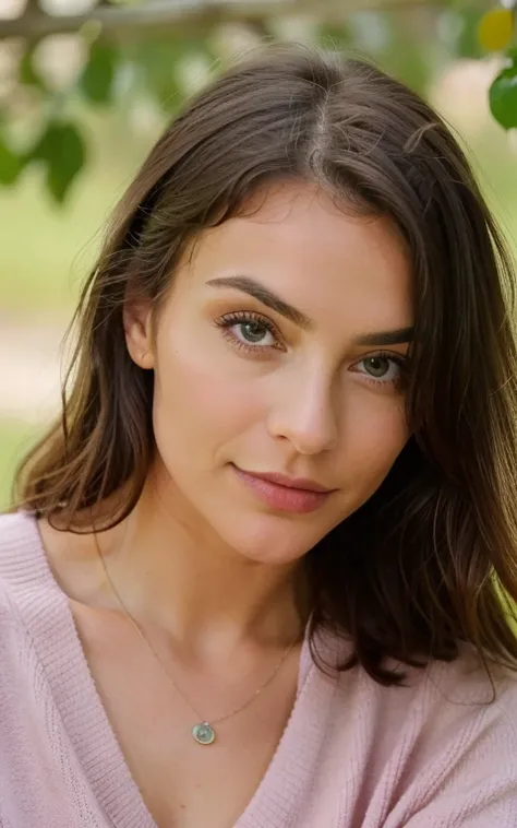 Beautiful brunette wearing a pink sweater (Upper body bent forward, seitlicher blick in die kamera, orangenes licht), face buried in hands, hands clenched, goldener ring, Sehr detailierte, 21 Jahre alt, Gesicht unschuldig, Natural wavy hair, blaue Augen, h...