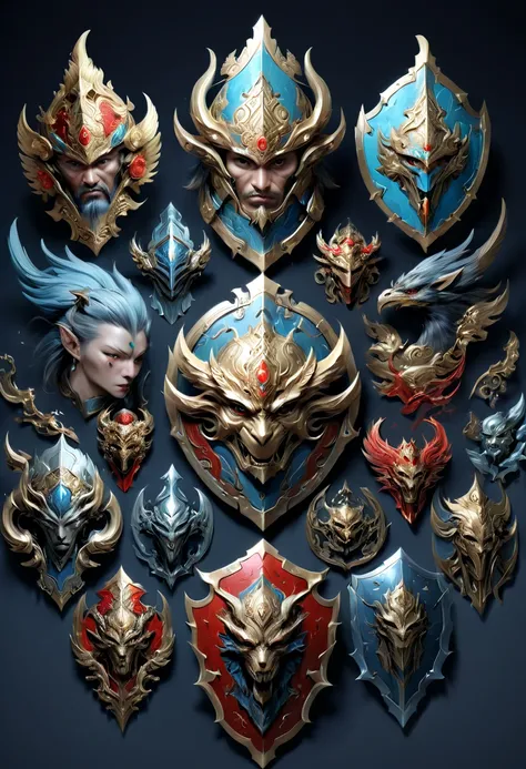 Legendary heroes and Epic shields, by zhang daqian and Gu An and bao pnan, fantasy, enhance, intricate, (best quality, masterpiece, Representative work, official art, Professional, 8k)