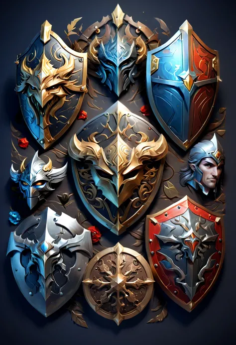 Legendary heroes and Epic shields, by Alexandra Zutto, fantasy, enhance, intricate, (best quality, masterpiece, Representative work, official art, Professional, 8k)