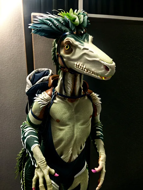 Ultra high resolution, best quality, masterpiece, mirror selfie, (half transformation), human feathered deinonychus animatronic fursuit hybridization metamorphosis, wearing saddle bridle bit and harness, in dark abandoned unlit bathroom, (part human:1.6) (...