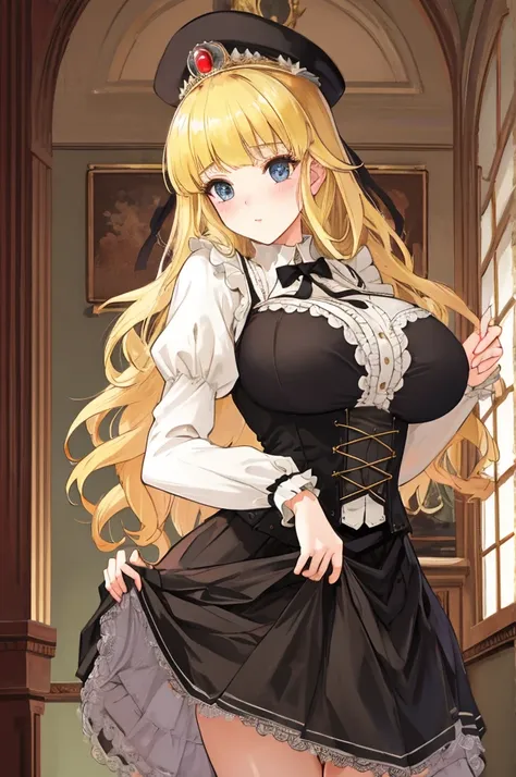 a woman with big ，a princess，long blonde hair，victorian style，translucent，debauchery，(skirt lift)，