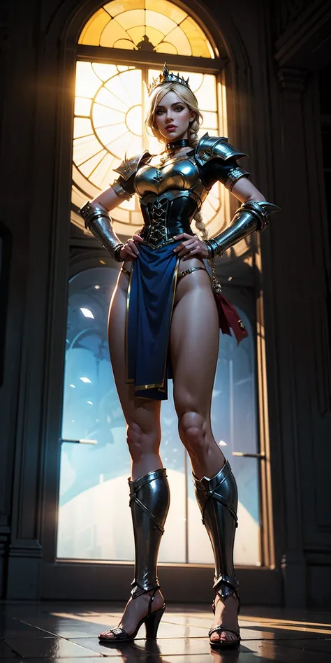 paladin lady in ornate golden armor, black collar, pauldrons, breastplate, corset, glowing halo, single braid, blonde, yellow glowing eyes, bright pupils, eye focus, red cape, temple indoors, stained glass windows, night, moonlight, particles, light beam, ...