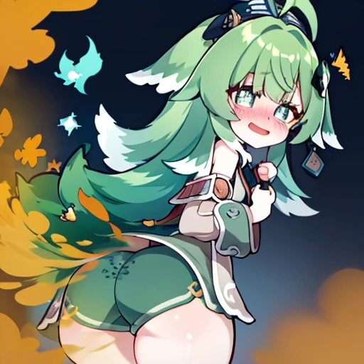 Highest image quality、(master piece:1.2)、detailed、Huo Huo、1 girl、solo、green hair、fart、Are standing、green eyes、brown shorts、Shy personality、scared、pale tail、Gas comes out of the butt、lots of gas、blush、shyness、Satisfied smile