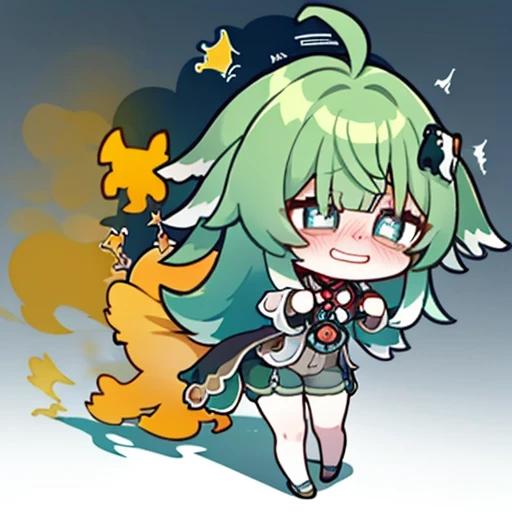 Highest image quality、(master piece:1.2)、detailed、Huo Huo、1 girl、solo、green hair、fart、Are standing、green eyes、brown shorts、Shy personality、scared、pale tail、Gas comes out of the butt、lots of gas、blush、shyness、Satisfied smile