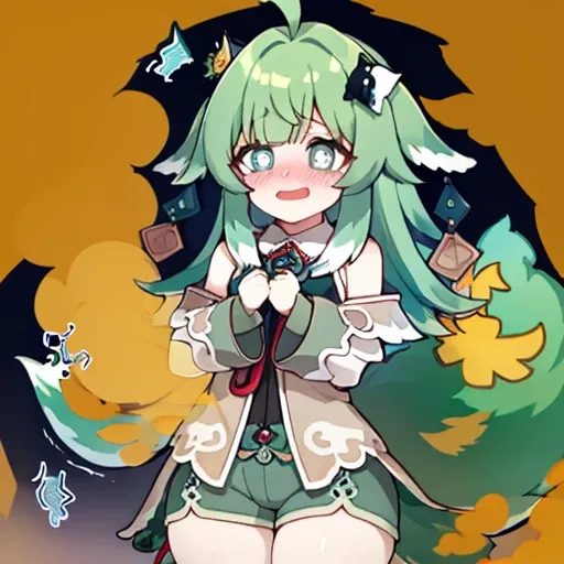 Highest image quality、(master piece:1.2)、detailed、Huo Huo、1 girl、solo、green hair、fart、Are standing、green eyes、brown shorts、Shy personality、scared、pale tail、Gas comes out of the butt、lots of gas、blush、shyness、Satisfied smile