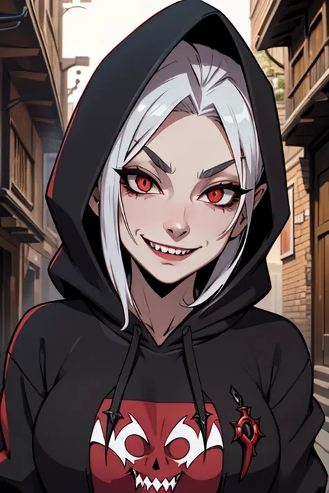  100 year old vampire girl, hoodie, Sharp fangs, cocky smirk, alley