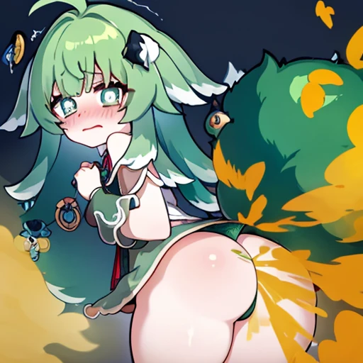 Highest image quality、(master piece:1.2)、detailed、Huo Huo、1 girl、solo、green hair、fart、Are standing、green eyes、brown shorts、Shy personality、scared、pale tail、Gas comes out of the butt、lots of gas、blush、shyness、stick out your butt、Hold your buttocks with your...