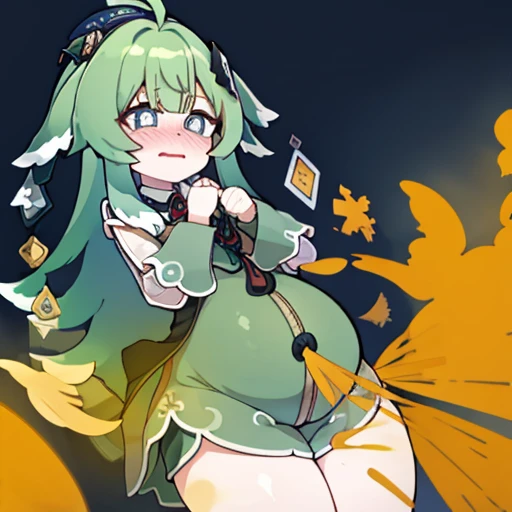 Highest image quality、(master piece:1.2)、detailed、Huo Huo、1 girl、solo、green hair、fart、Are standing、green eyes、brown shorts、Shy personality、scared、pale tail、Gas comes out of the butt、lots of gas、blush、shyness、stick out your butt、Hold your buttocks with your...