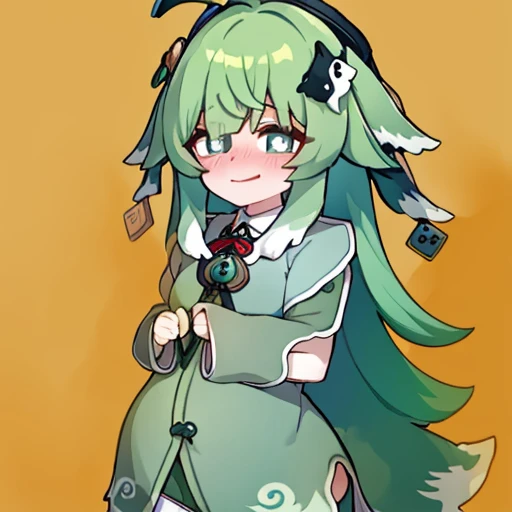 Highest image quality、(master piece:1.2)、detailed、Huo Huo、1 girl、solo、green hair、fart、Are standing、green eyes、brown shorts、Shy personality、scared、pale tail、Gas comes out of the butt、lots of gas、blush、shyness、swollen belly、Satisfied smile