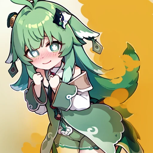 Highest image quality、(master piece:1.2)、detailed、Huo Huo、1 girl、solo、green hair、fart、Are standing、green eyes、brown shorts、Shy personality、scared、pale tail、Gas comes out of the butt、lots of gas、blush、shyness、swollen belly、Satisfied smile、put pressure on yo...