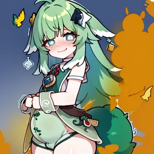 Highest image quality、(master piece:1.2)、detailed、Huo Huo、1 girl、solo、green hair、fart、Are standing、green eyes、brown shorts、Shy personality、scared、pale tail、Gas comes out of the butt、lots of gas、blush、shyness、swollen belly、Satisfied smile、put pressure on yo...