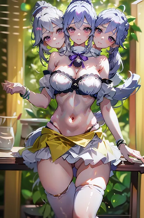 (masterpiece, best quality), best resolution, (ultra-detailed), (3heads:1.5), 1girl, (monobe no futo:1.3), masterpiece, best quality, white top, crop top, ((stomach)), midriff, ((groin)), white-purple skirt, normal ears, shackles, grey hair, very long hair...