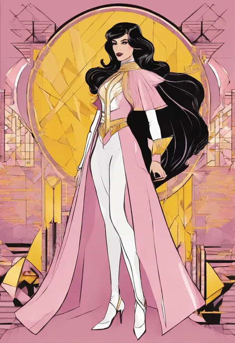 brunette woman, superhero, light pink outfit, yellow cape, lightning on clothes, big black hair