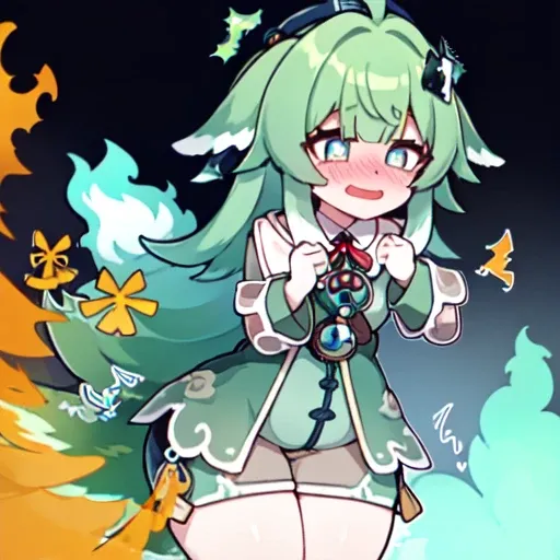 Highest image quality、(master piece:1.2)、detailed、Huo Huo、1 girl、solo、green hair、fart、Are standing、green eyes、brown shorts、Shy personality、scared、pale tail、Gas comes out of the butt、lots of gas、blush、shyness、swollen belly、Satisfied smile、put pressure on yo...