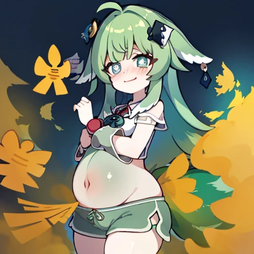 Highest image quality、(master piece:1.2)、detailed、Huo Huo、1 girl、solo、green hair、fart、Are standing、green eyes、brown shorts、Shy personality、scared、pale tail、Gas comes out of the butt、lots of gas、blush、shyness、swollen belly、Satisfied smile、put pressure on yo...