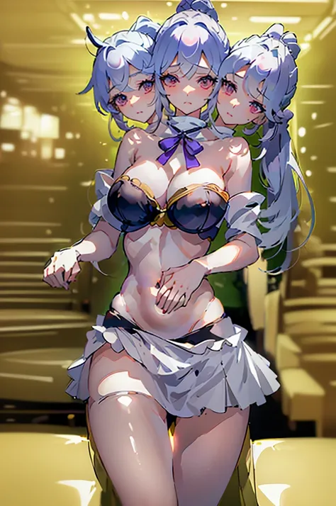 (masterpiece, best quality), best resolution, (ultra-detailed), (3heads:1.5), 1girl, (monobe no futo:1.3), masterpiece, best quality, white top, crop top, ((stomach)), midriff, ((groin)), white-purple skirt, normal ears, shackles, grey hair, very long hair...