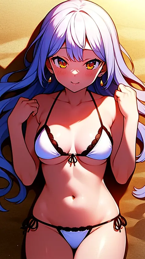 masterpiece, best quality, 1 solo girl, white hair, yellow eyes, wavy hair, long hair, medium breasts, mature body and face, white bikini, jewelry, hair ornament, earrings, ball, lying at the sand, white sand, summer, cowboy shots, sexy pose, dakimakura, d...