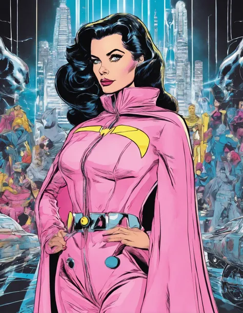 brunette woman, superhero, light pink outfit, yellow cape, lightning on clothes long hair, black and white cat