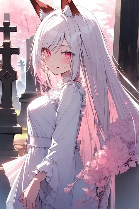 anime, (masterpiece, best quality, ultra-detailed), (graveyard background), (beautiful detailed face), high contrast, 1 girl (solo, happy face, mature girl, slim body, white hair with pink accent, long hair, high detail eyes, glowing red eyes, fox ears, wh...