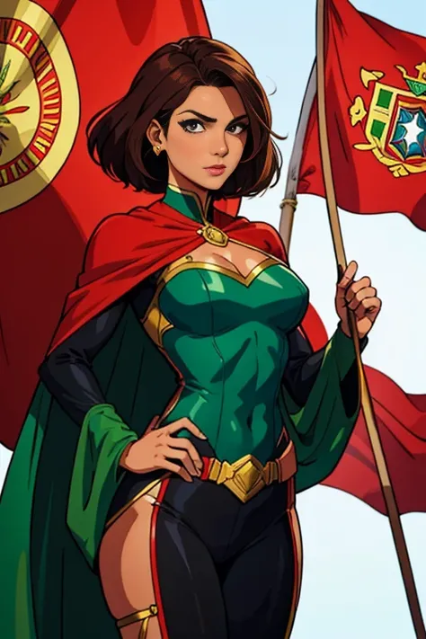 Portuguese Woman Portugal superhero suit Portugal clothing green and red  clothes Flag of Portugal mid  brown  hair black skin black hair 