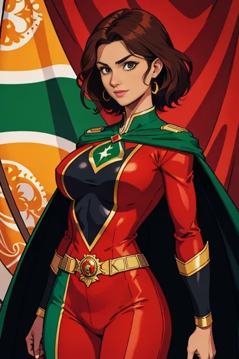 Portuguese Woman Portugal superhero suit Portugal clothing green and red  clothes Flag of Portugal mid  brown  hair black skin black hair 