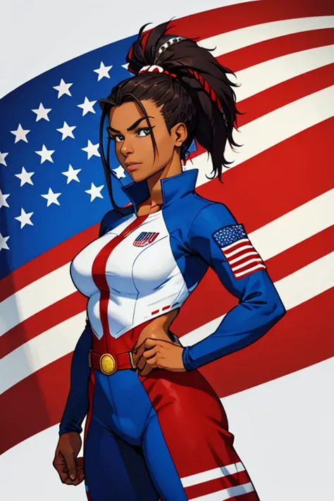 Native Woman usa superhero suit usa clothing red blue and white clothes Flag of usa long mohawk  hair brown skin black hair 