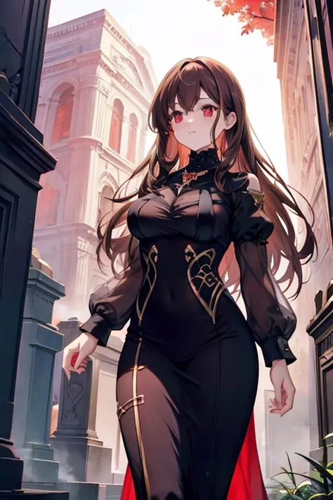 a brown haired woman with red eyes with an hourglass figure is walking through a cemetery in gothic clothing