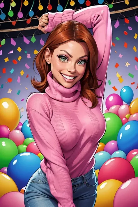 (cartoon style:1.2),  drawing of ([Jessica Chastain|Kelly Ripa|Mila Kunis]), wearing baggy turtleneck sweater, big grin, perfect eyes, detailed face, party background, fun pose, flirty look, confetti, balloons