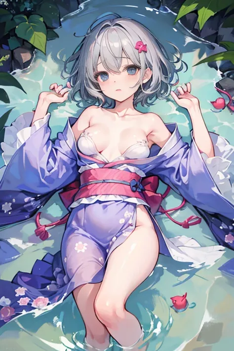 best quality、one girl、Komeiji Koishi(gray hair short hair)small breasts、Too erotic kimono、clavicle、transparent、Too erotic pussy、 that are too erotic、breasts are saggy、embarrassing、lying down in shallow water、Kimono is coming off、The body of the drenched、Ra...