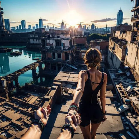 1girl,  ultra detailed, highres, masterpiece, 
by_style, bf_holding_hands, 1girl holding hands with viewer,  walking in the ruined city,
