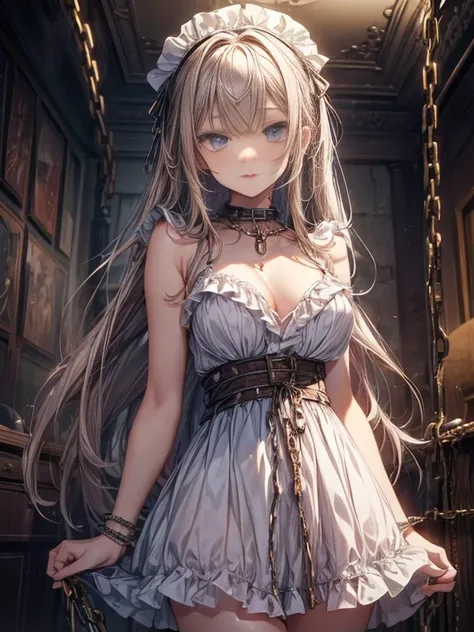 (masterpiece)), ((best quality)), (ultra-detailed), nsfw, ((underground)),(((many chains strongly bound waist))),a cute girl, 1girl, solo, (white mini frilly tanktop dress),(both wrists tied above the head ), (both wrists hung from the ceiling with chain),...