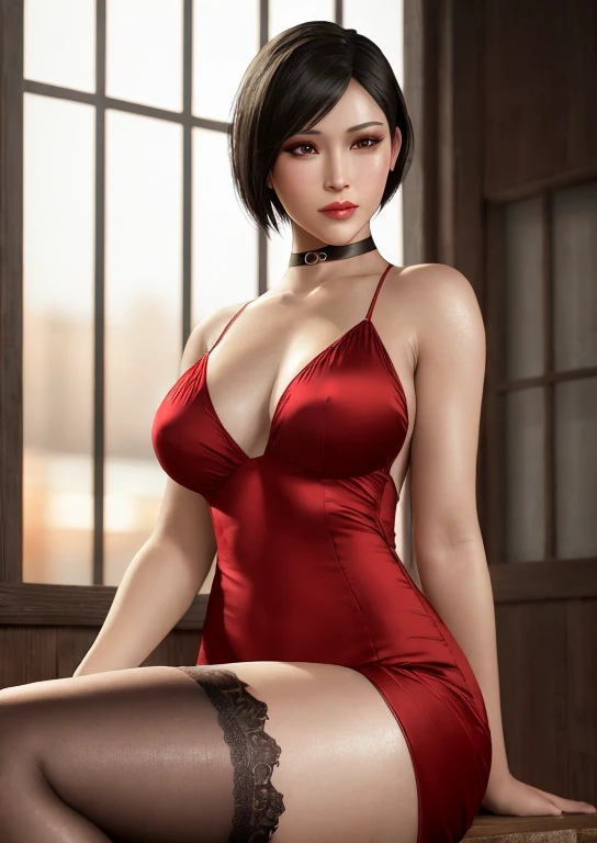 1girl, ((portrait)) of beautiful ADAWONG, looking at viewer, black hair, short hair, ((red dress)), black choker, transparent black stocking, side slit, blush, blotchy makeup, trending on Artstation, ada, realistic, athletic night, highly detailed skin, wa...