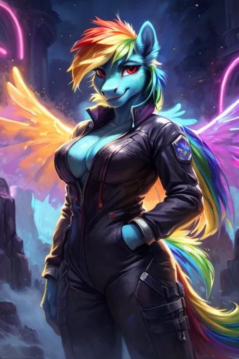 (by Ulitochka, by Levelviolet, by Zephyxus, by Glacierclear, by Kenket), (oil painting (medium), oil painting (artwork)),
solo female (((rainbow dash (mlp)), cyan body, neon light wings, red eyes), aviation suit), (looking at viewer, half-length portrait:1...