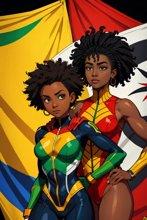 Suoth african Woman south africa superhero suit south africa clothing black white green red yellow and blue clothes Flag of south africa afro hair black hair dark brown skin black eyes african background