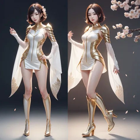 (((full body photo))) beautiful japanese young woman, wearing spiderwoman armor made of honey, thick symmetrical features, very short hair, background is cherry blossoms, silver aura, red lips, octane render,long boots, up to the thighs.