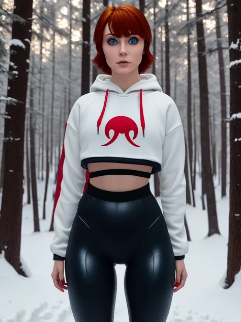 joanna,short hair,blue eyes,red hair,woman, wearing leggings and crop top hoodie, cameltoe, thigh gap, detailed  eyes, in a snow...