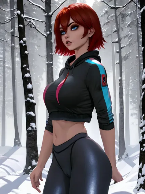 joanna,short hair,blue eyes,red hair,woman, wearing leggings and crop top hoodie, cameltoe, thigh gap, detailed  eyes, in a snow...