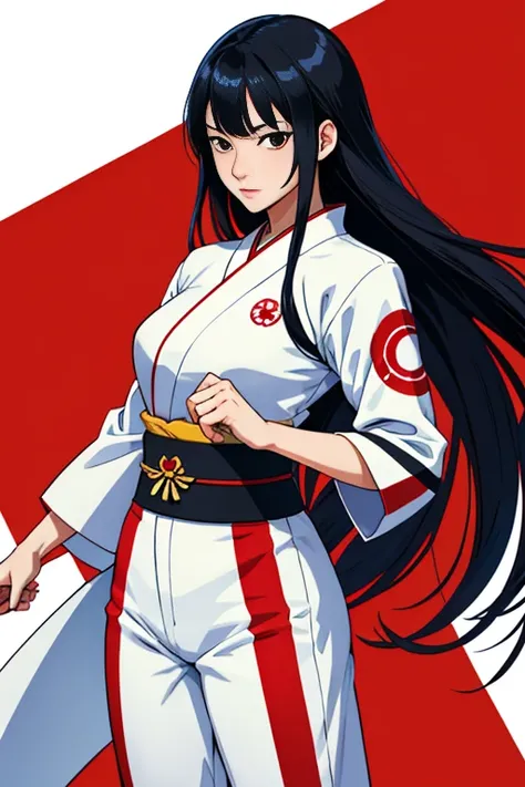 Japanese Woman japan superhero suit japanese clothing  white and red clothes Flag of  japan long black hair pale skin black eyes japan background 