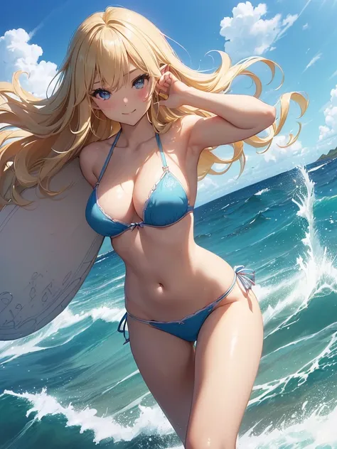 highest quality、Highest image quality、masterpiece、Super beautiful elf girl surfing((22 years old OL big bust、Bust 98,beautiful long ironed hair、blonde、、nice buddy、slender、Close-up、Esbian、High quality、beautiful art、background blue sky sunny sky、beautiful se...