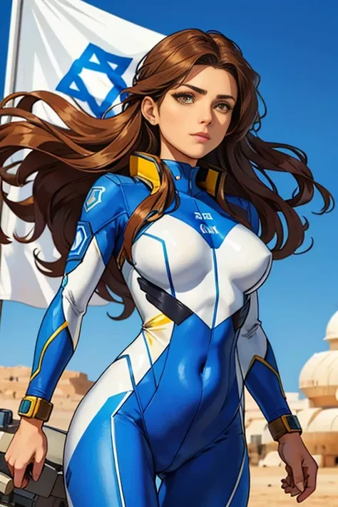 Israeli Woman israel superhero suit israel clothing  white and blue clothes Flag of  israel long brown wavy hair olive skin dark yellow eyes  idf (israel defence force))