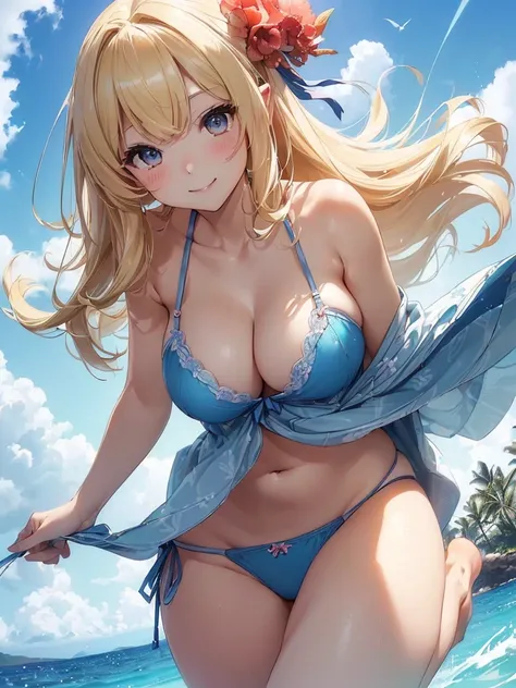 highest quality、Highest image quality、masterpiece、Super beautiful elf beauty((22 years old OL big bust、Bust 98,beautiful long ironed hair、blonde、、nice buddy、slender、Close-up、Esbian、High quality、beautiful art、background blue sky sunny sky、beautiful sea、Mid ...